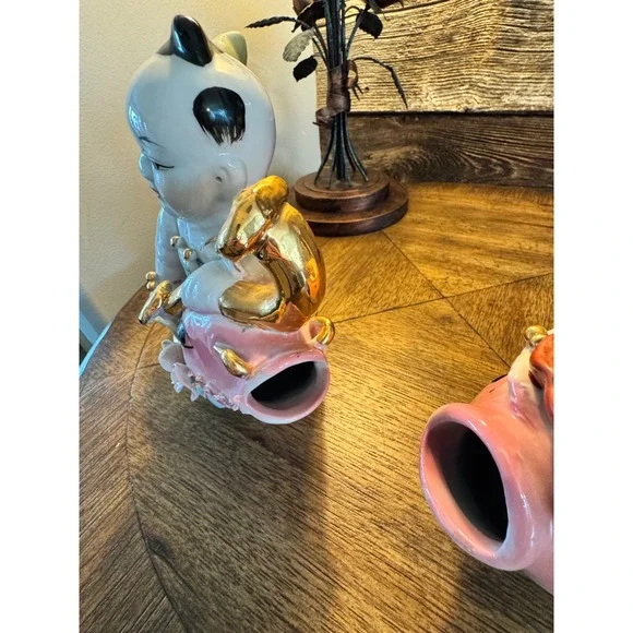 Vintage Chinese Porcelain tongzi Riding Koi Fish Figurines Gold Gilt Pair 2pc
